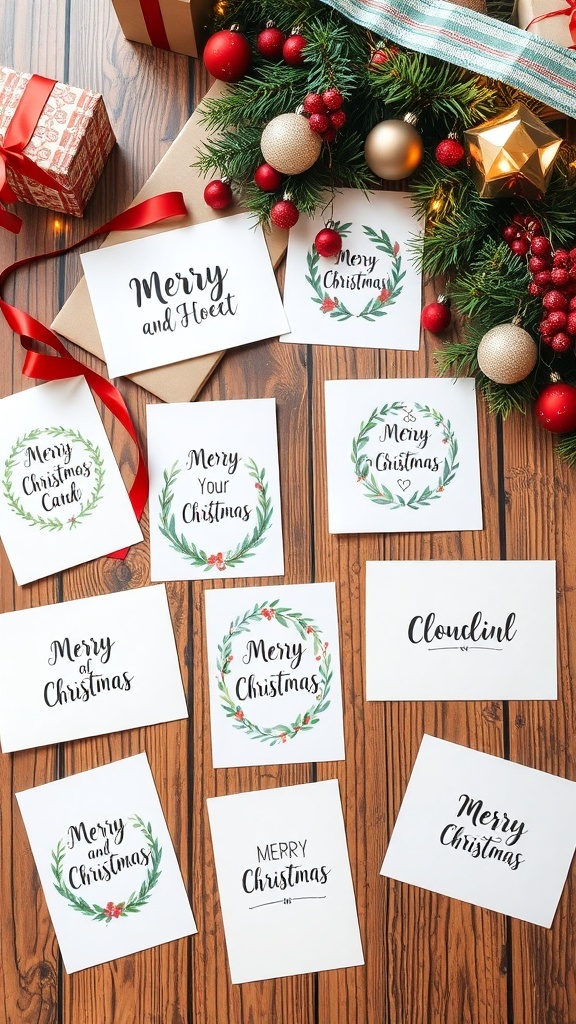 A variety of creative Christmas cards with different designs on a rustic wooden table.